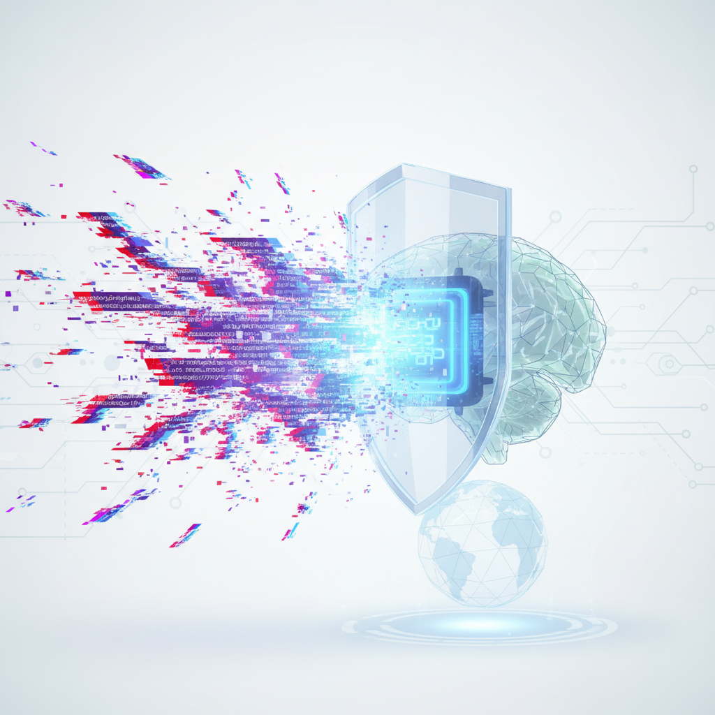 Un escudo digital transparente protege un microchip azul brillante, detrás del cual se ve un cerebro humano poligonal. Desde la izquierda, un flujo de datos y código de colores con efecto glitch se dirige hacia el escudo, siendo bloqueado o procesado. Debajo del escudo hay un globo terráqueo de polígonos y en el fondo se aprecian líneas de circuitos.