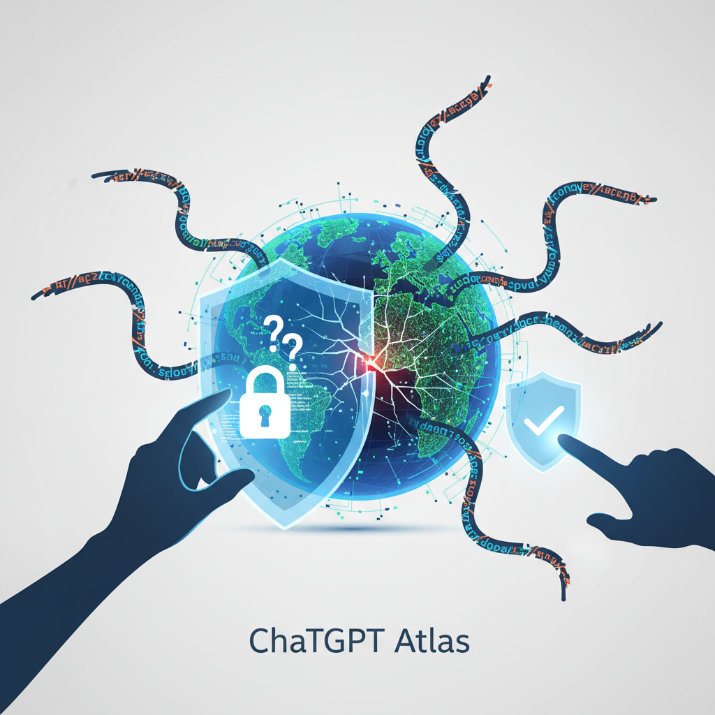 Un globo terráqueo digital con una grieta luminosa y tentáculos de código que lo rodean. Una mano toca un escudo grande con un candado y signos de interrogación, mientras otra mano señala un escudo pequeño con una marca de verificación. El texto inferior es 'ChatGPT Atlas'.