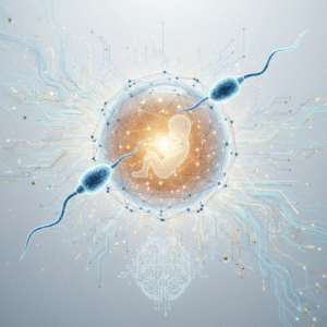 Silueta de un feto humano brillante dentro de una esfera transparente y poligonal, con dos espermatozoides azules acercándose. El fondo muestra patrones de circuitos digitales y un icono de cerebro hecho de líneas.