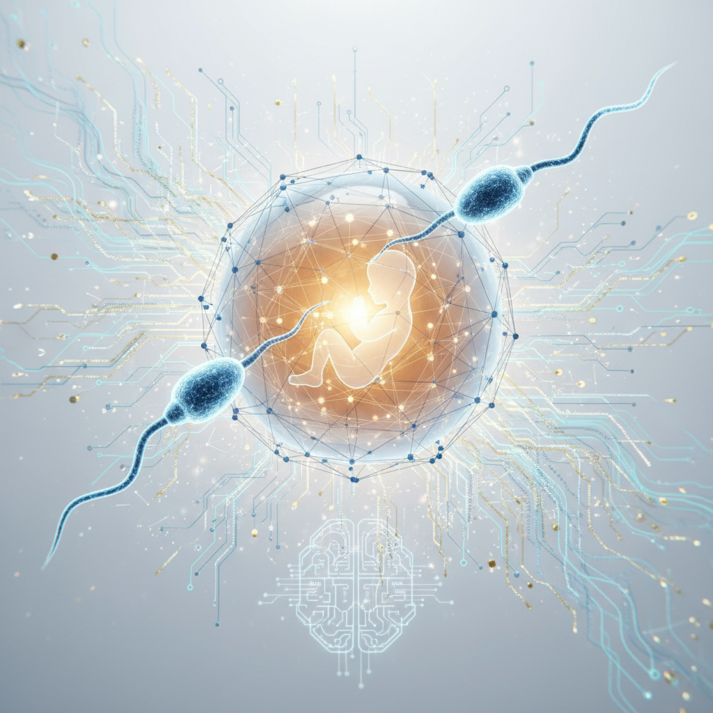 Silueta de un feto humano brillante dentro de una esfera transparente y poligonal, con dos espermatozoides azules acercándose. El fondo muestra patrones de circuitos digitales y un icono de cerebro hecho de líneas.