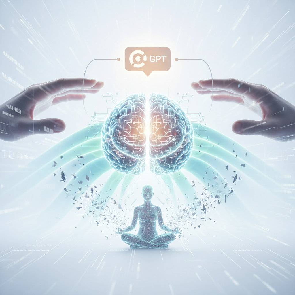 Representación de un cerebro humano digital con circuitos, manos transparentes que interactúan, una etiqueta GPT, y una figura meditativa hecha de partículas de luz.