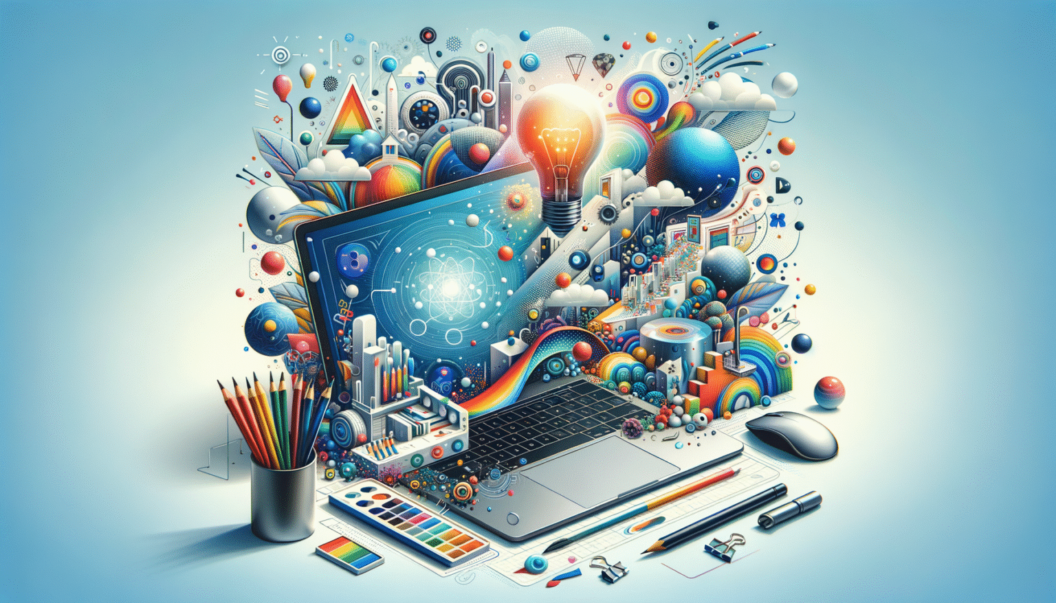 Ilustración vibrante de un laptop del que emerge una explosión de ideas, creatividad y tecnología. Se aprecian una bombilla brillante, elementos científicos como átomos y circuitos, formas geométricas, un arcoíris, edificios estilizados, lápices de colores, una paleta de pintura y un ratón de ordenador.
