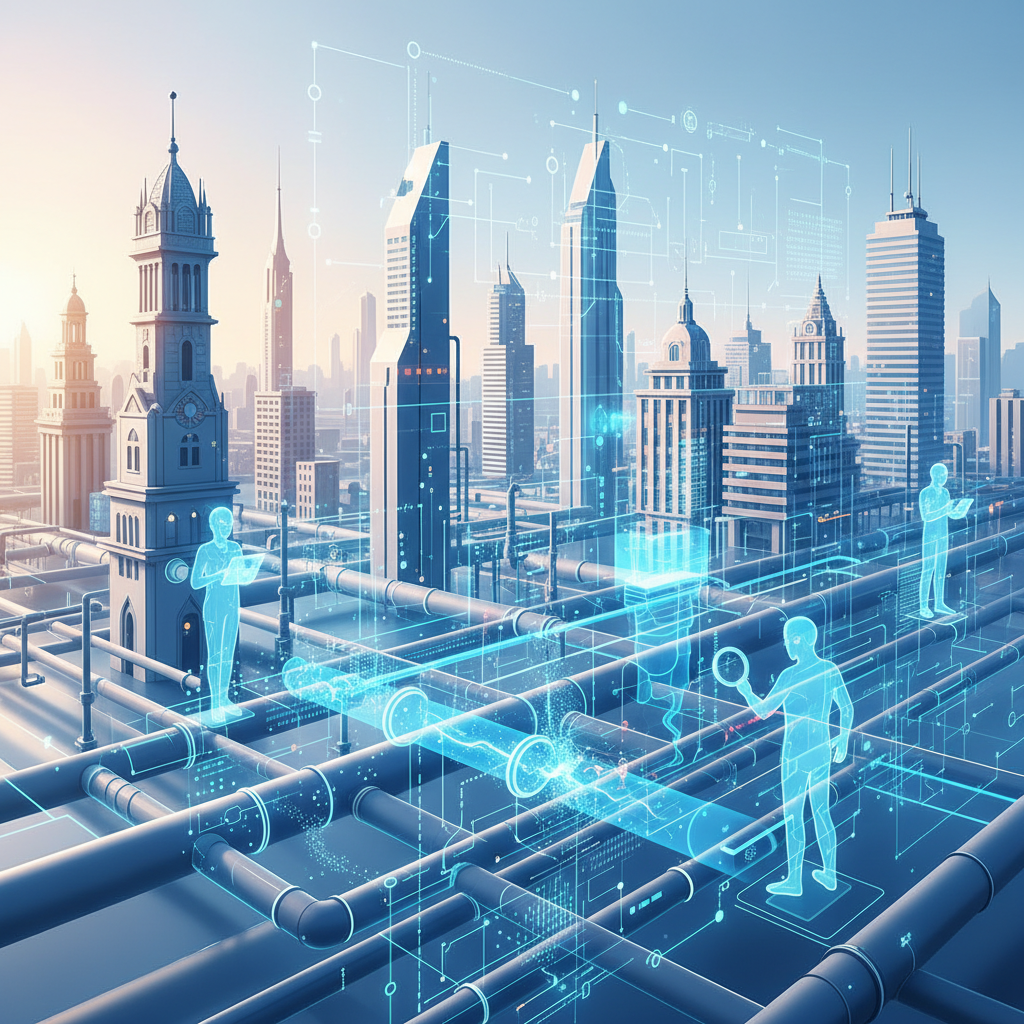 Ciudad futurista con una compleja red de tuberías urbanas y figuras humanas holográficas azules interactuando con datos digitales y circuitos que fluyen. El paisaje urbano muestra rascacielos y edificios bajo un cielo claro, simbolizando la gestión inteligente de infraestructuras.