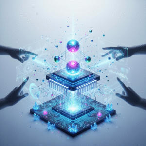 Cuatro manos interactúan con pantallas holográficas que muestran gráficos y datos. En el centro, dos chips de ordenador apilados irradian luz azul brillante, rodeados de esferas de colores interconectadas y cristales azules luminosos, simbolizando una red de datos avanzada.