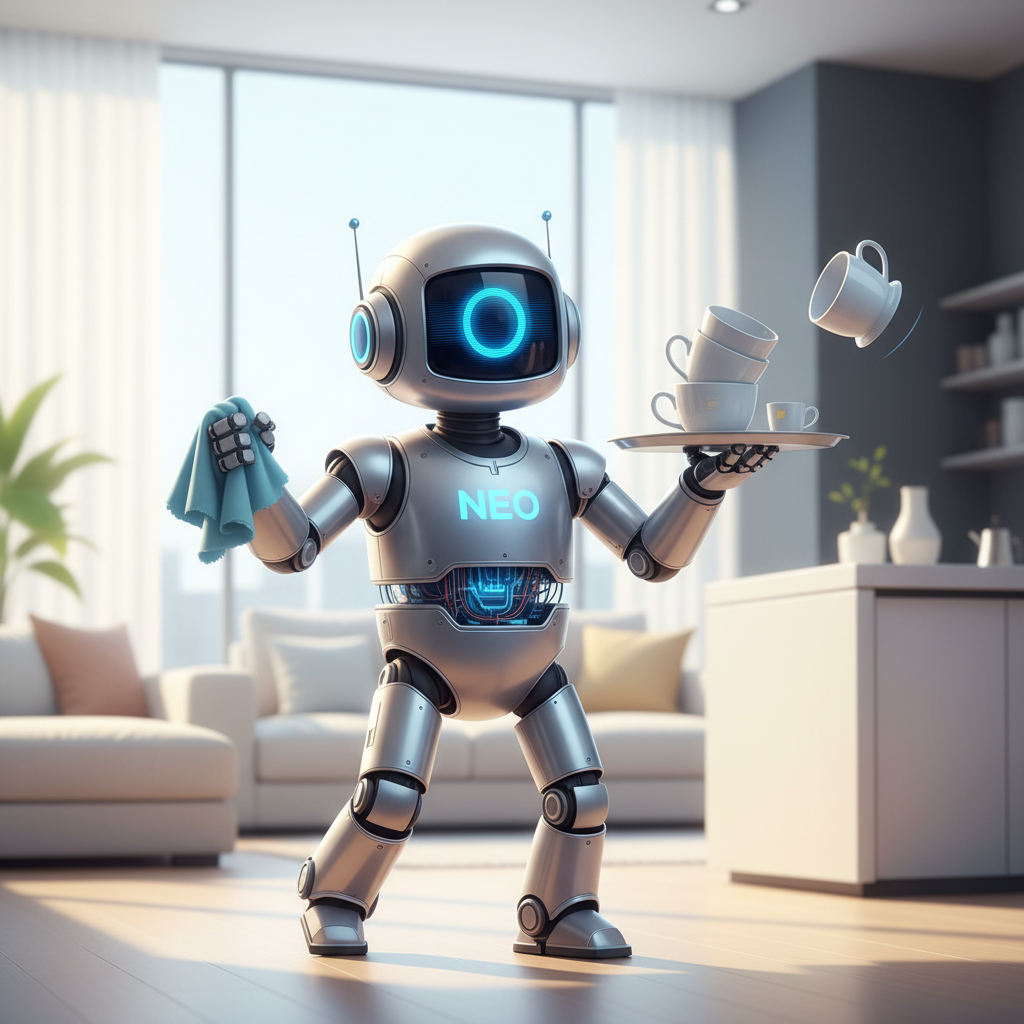 Robot plateado con detalles azules brillantes y el texto 'NEO' en su pecho, sosteniendo un paño azul en una mano y una bandeja con tazas apiladas de la cual una se cae. El robot se encuentra en un salón-cocina moderno y luminoso.