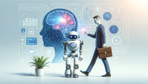 Un hombre de negocios con un maletín camina junto a un robot blanco con ojos azules brillantes. Detrás, una silueta de cabeza humana con un cerebro digital y conexiones luminosas, sobre un fondo de circuitos e iconos tecnológicos. Una planta verde en maceta está en primer plano.