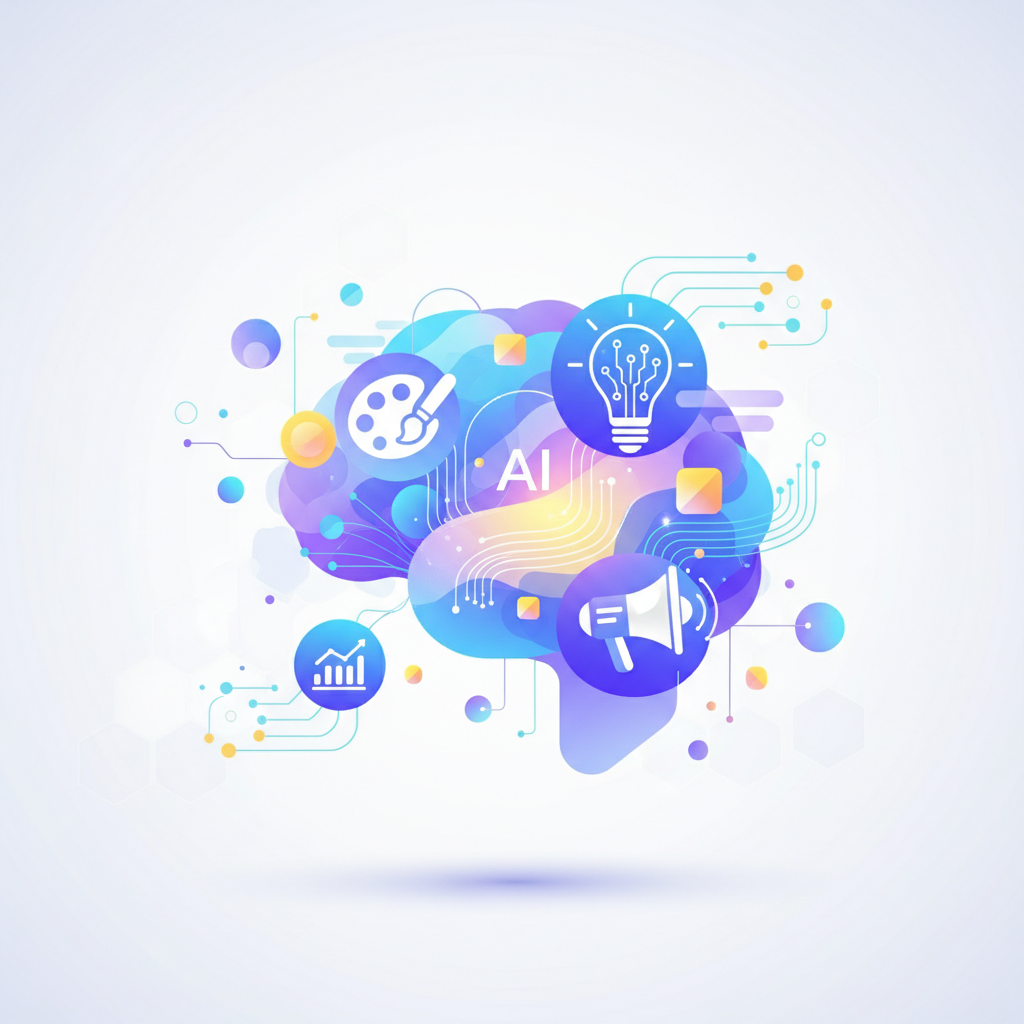Gráfico abstracto y colorido de un cerebro con el texto "AI" en el centro, mostrando iconos de una bombilla con circuitos, una paleta de pintura con pincel, un megáfono y un gráfico de barras, conectados por líneas digitales sobre un fondo claro.