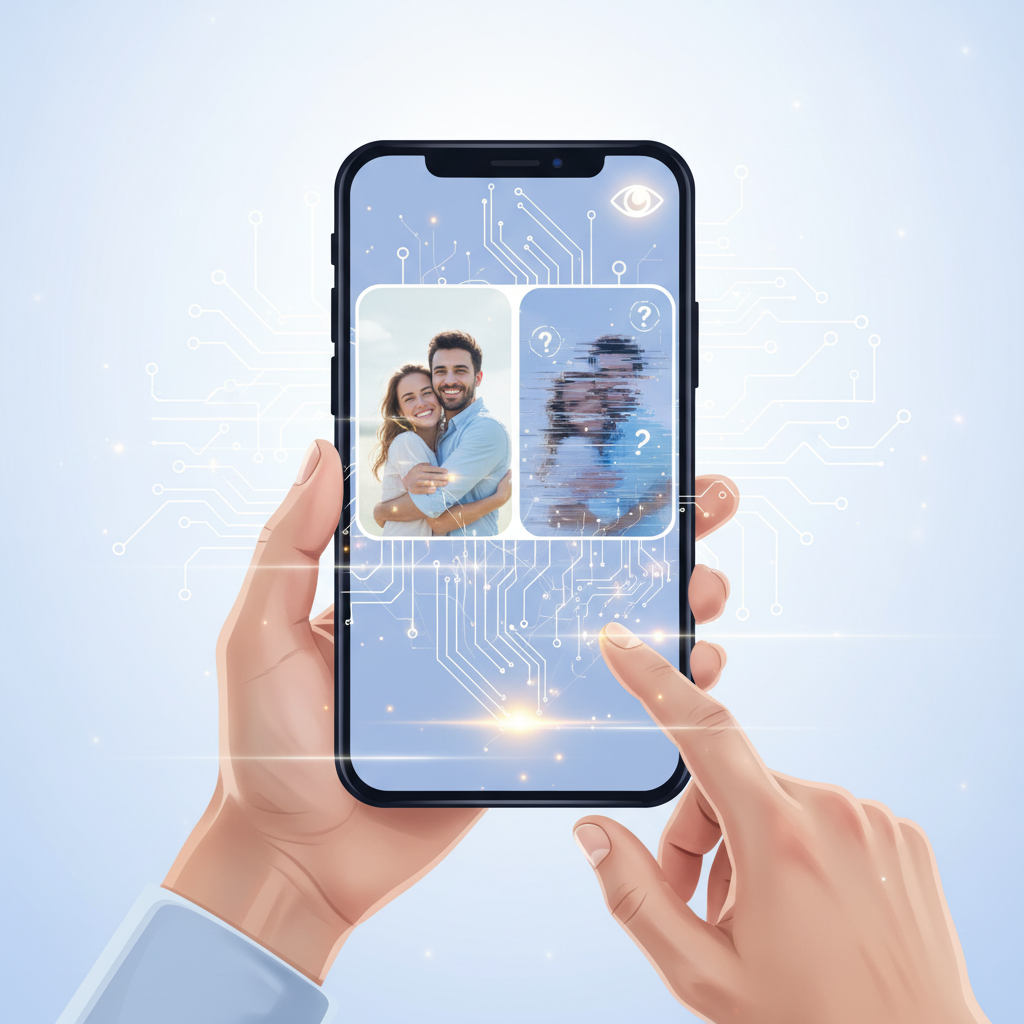 Manos sosteniendo un smartphone que muestra una foto clara de una pareja sonriente abrazada y, junto a ella, la misma imagen pixelada con signos de interrogación, sobre un fondo de circuitos digitales luminosos.