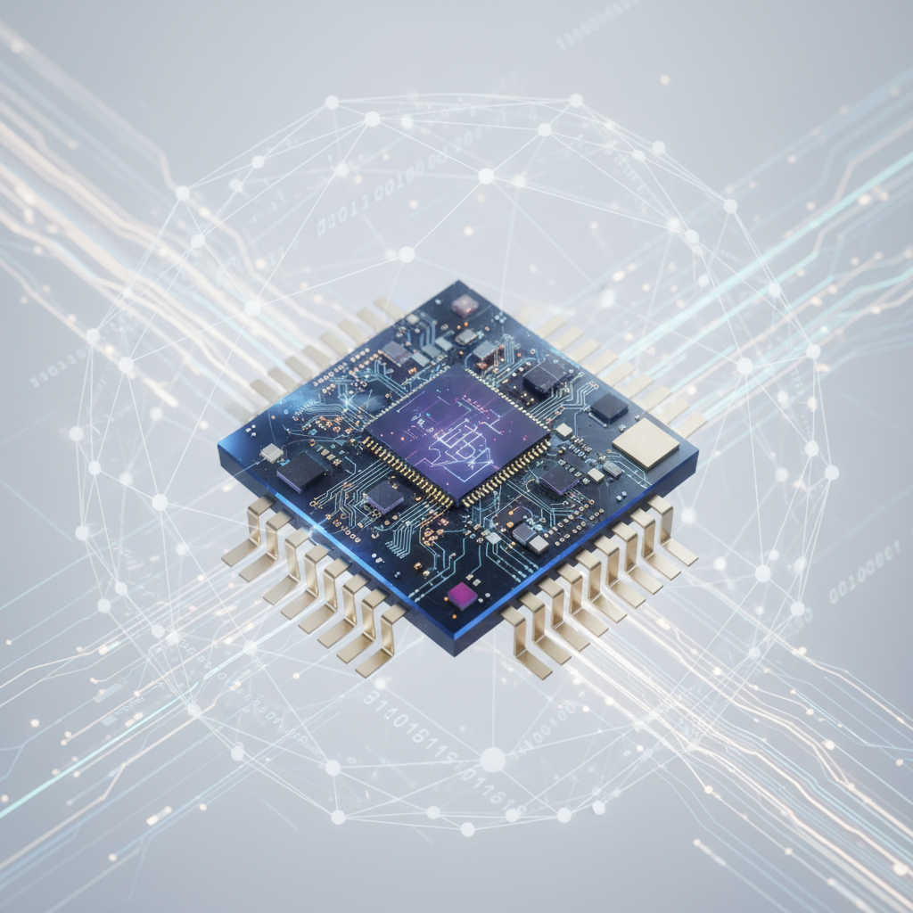 Microchip procesador azul oscuro con pines dorados, circuitos brillantes y un símbolo de cerebro central. Flotando sobre un fondo claro con una red de datos interconectada, líneas luminosas y código binario.