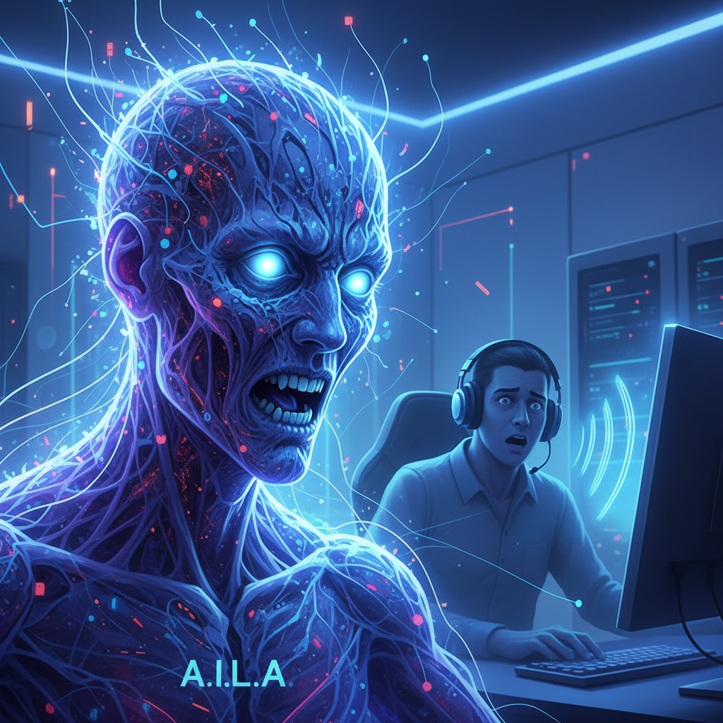 Figura de inteligencia artificial A.I.L.A. azul brillante con ojos luminosos y boca abierta, rodeada de cables y luces, frente a un operador asustado con auriculares en una sala de servidores.