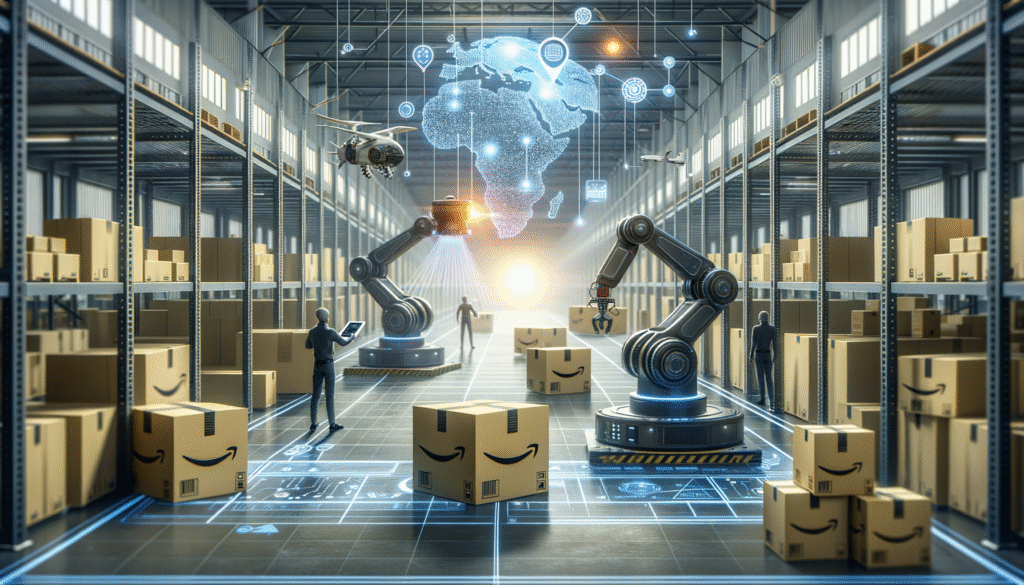 Almacén automatizado con estanterías de cajas de cartón, robots industriales, drones volando y un mapa holográfico del mundo con conexiones digitales. Operarios supervisan las tareas y se ven cajas con el logo de Amazon.