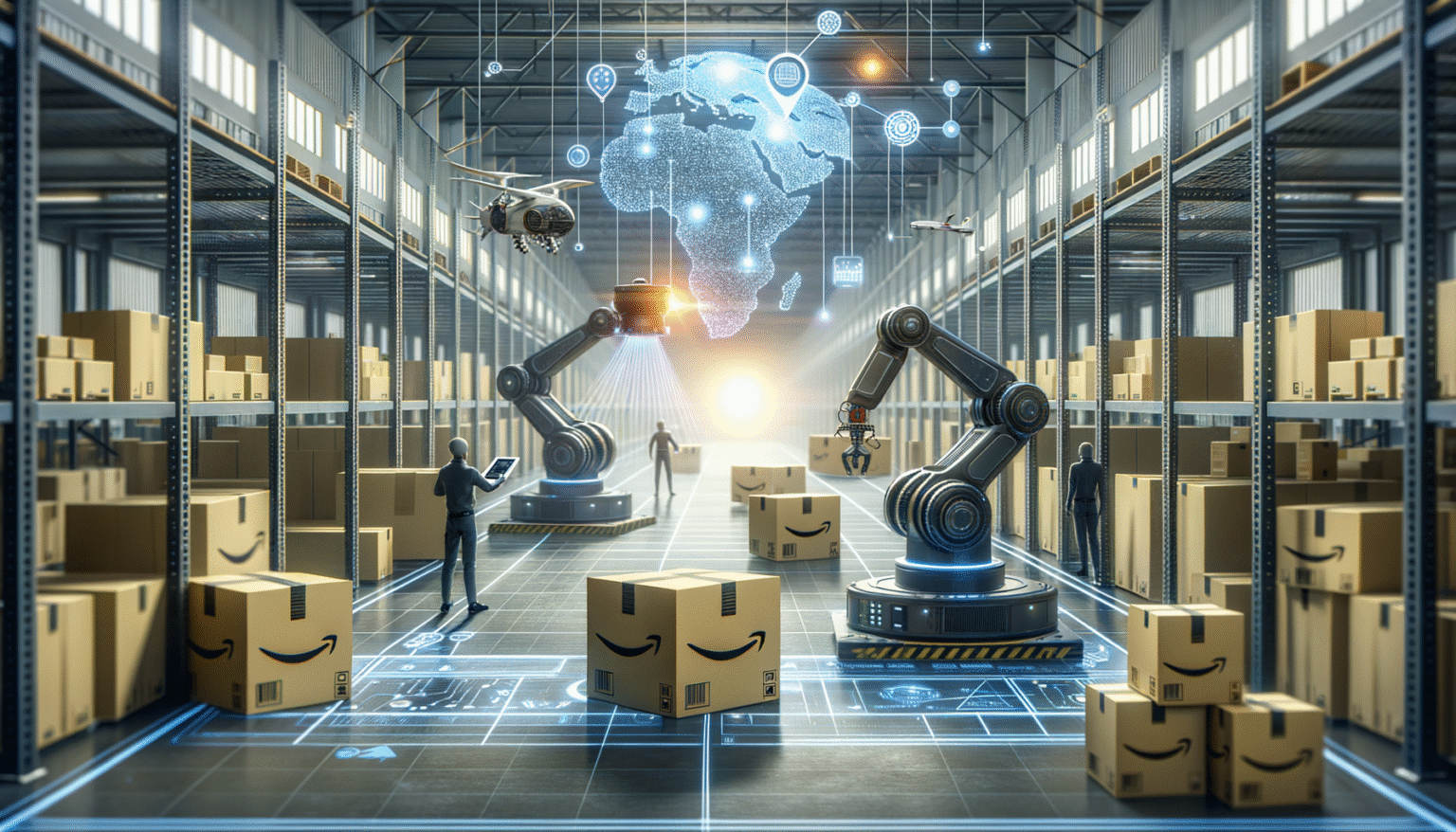 Almacén automatizado con estanterías de cajas de cartón, robots industriales, drones volando y un mapa holográfico del mundo con conexiones digitales. Operarios supervisan las tareas y se ven cajas con el logo de Amazon.