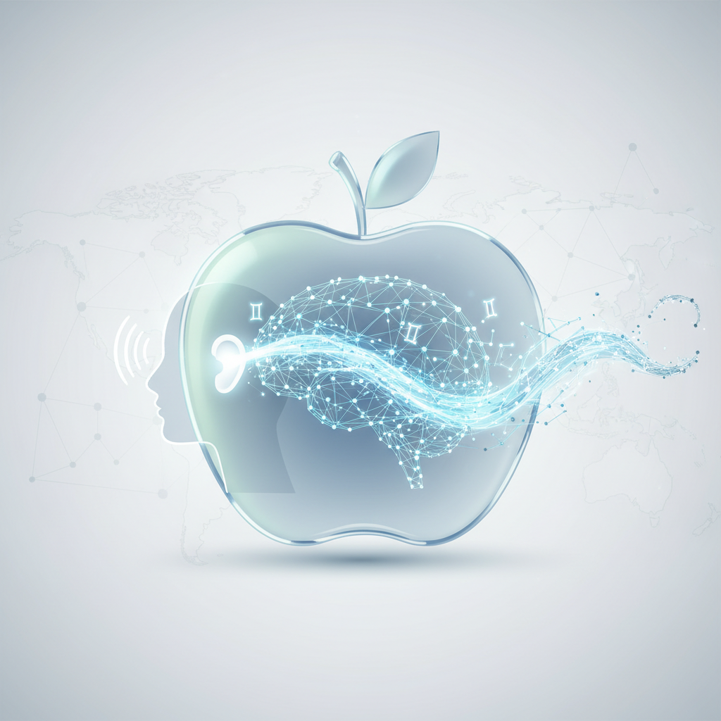 Manzana de cristal con un cerebro poligonal azul brillante en su interior. Del cerebro fluye una estela de partículas de luz azul hacia la derecha. A la izquierda, una silueta de perfil de cabeza humana con un oído destacado, mostrando ondas sonoras y una conexión de luz hacia el cerebro. Dos símbolos 'II' son visibles dentro de la manzana. El fondo es un mapa mundial con una red de puntos de conexión.