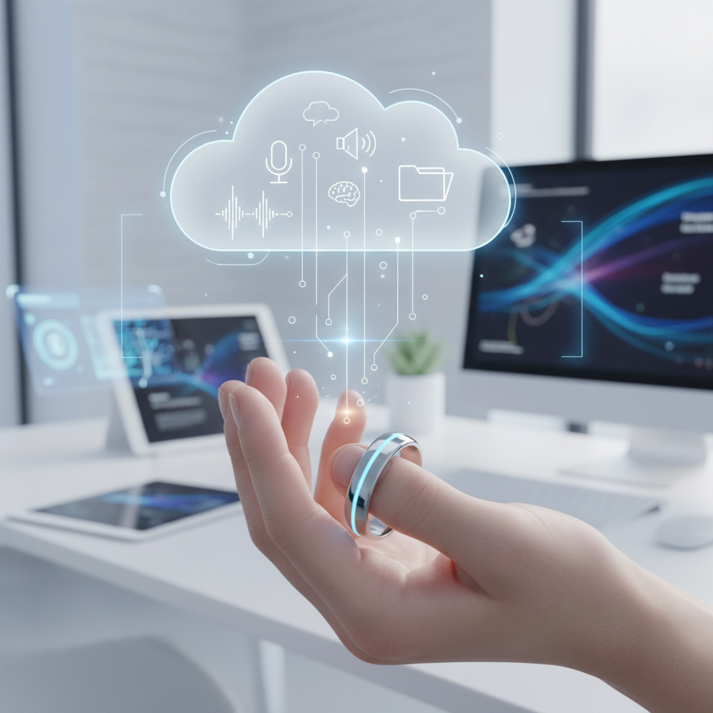 Mano con anillo inteligente azul interactuando con una nube de computación que muestra iconos de voz, IA y datos. Fondo de oficina con monitores.