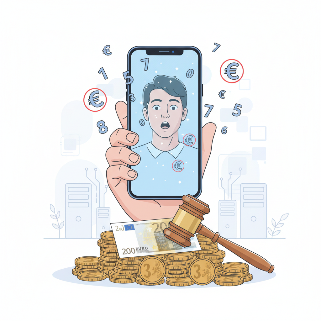 Mano sosteniendo un smartphone con un hombre sorprendido en la pantalla, rodeado de números y símbolos de euro flotantes. En la parte inferior, una pila de monedas de oro, un billete de 200 euros y un mazo de juez. El fondo muestra elementos de infraestructura digital y circuitos electrónicos.