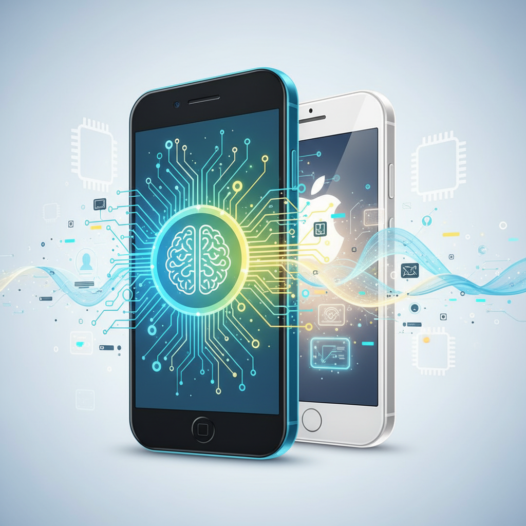 Dos smartphones, uno negro con una interfaz de cerebro y circuitos que simboliza inteligencia artificial y otro blanco con el logo de Apple, rodeados de elementos tecnológicos digitales y ondas de datos.