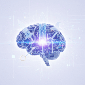 Cerebro humano digitalizado en tonos azules y morados con patrones de circuitos y un brillo central. Flotan a su alrededor un sombrero de mago, una llave inglesa y una llave, sobre un fondo tecnológico de líneas.