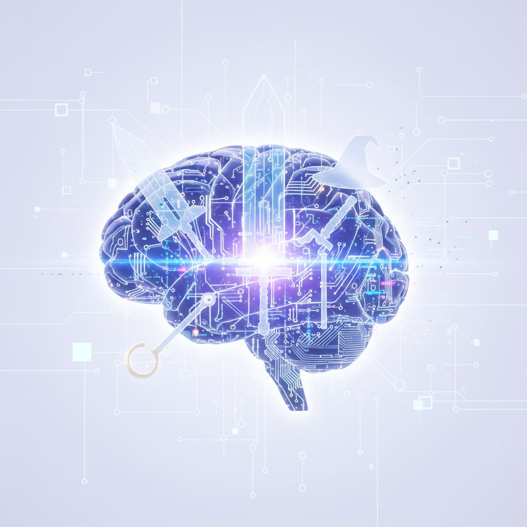 Cerebro humano digitalizado en tonos azules y morados con patrones de circuitos y un brillo central. Flotan a su alrededor un sombrero de mago, una llave inglesa y una llave, sobre un fondo tecnológico de líneas.