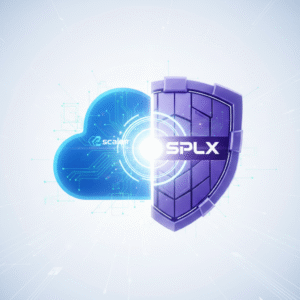 Nube azul digital con el logo de Scaler y patrones de circuitos, conectada a un escudo morado con el texto SPLX y un diseño de seguridad, ambos unidos por una luz brillante central.