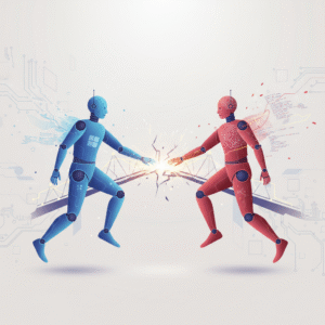 Dos robots humanoides, uno azul y uno rojo, se tocan en el centro con una explosión de luz y energía, sobre un puente fragmentado y un fondo de circuitos con código.