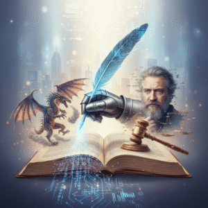 Mano de caballero con pluma digital brillante escribe sobre un libro abierto con patrones de circuitos. Un dragón cibernético, un juez barbudo, un mazo y una balanza de justicia completan la escena con un fondo de ciudad tecnológica.
