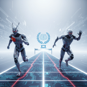 Dos robots humanoides, uno con la bandera de China en el pecho y el otro plateado, corren en una pista digital con circuitos rojos. Al fondo se ve un emblema de un cerebro dentro de una corona de laurel sobre un pedestal, en un entorno futurista.