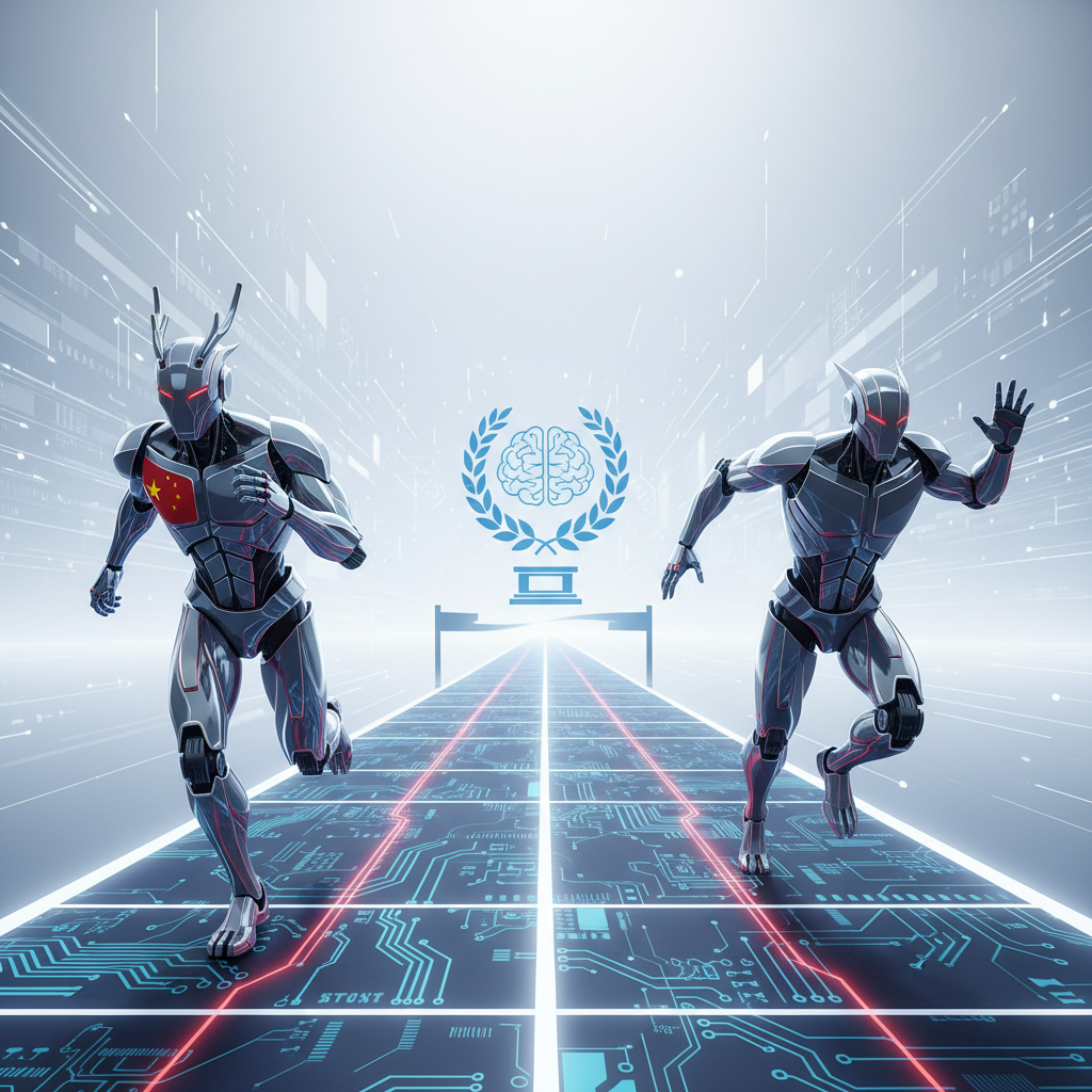 Dos robots humanoides, uno con la bandera de China en el pecho y el otro plateado, corren en una pista digital con circuitos rojos. Al fondo se ve un emblema de un cerebro dentro de una corona de laurel sobre un pedestal, en un entorno futurista.