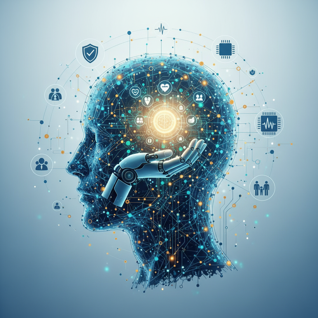 Silueta de una cabeza humana digitalizada con una red neuronal de luces azules y naranjas. Una mano robótica emerge en el interior, apuntando a un orbe central con un cerebro y otros iconos de bienestar. La red se extiende conectando iconos de seguridad, tecnología, salud y comunidad.