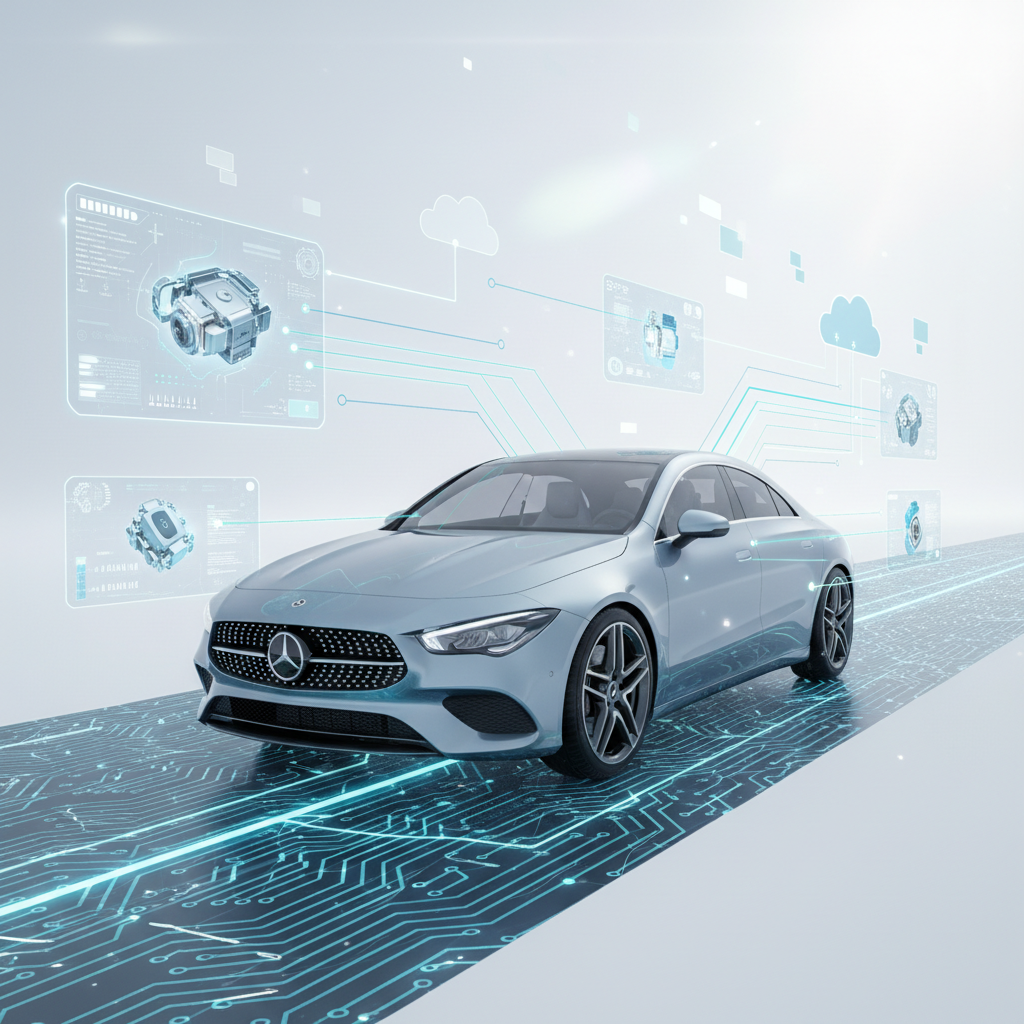 Un coche Mercedes-Benz azul claro sobre una carretera con diseño de circuito electrónico brillante. Pantallas holográficas con diagramas de componentes automotrices y nubes de datos se conectan al vehículo mediante líneas de información, representando la tecnología y conectividad.