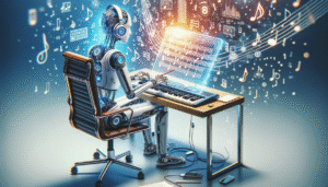 Un robot humanoide con auriculares está sentado en una silla de oficina, tocando un teclado musical digital. Frente a él, una pantalla holográfica brillante muestra una partitura, y notas musicales y elementos digitales flotan alrededor, sugiriendo composición musical asistida por IA.