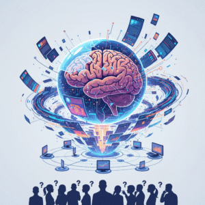 Un cerebro humano estilizado y brillante dentro de una esfera tecnológica, rodeado de flujos de datos digitales y pantallas flotantes. Abajo, laptops conectadas en red y siluetas de personas con signos de interrogación.