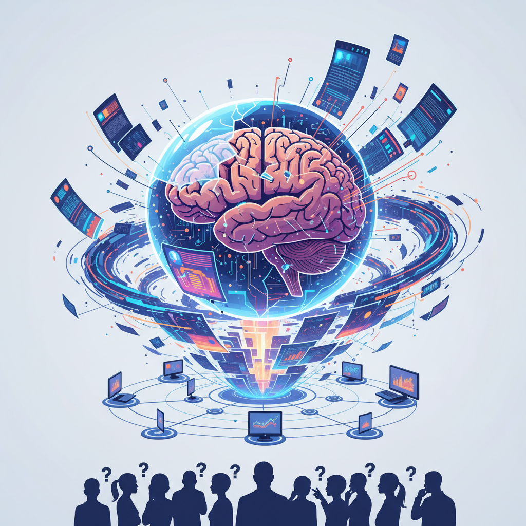 Un cerebro humano estilizado y brillante dentro de una esfera tecnológica, rodeado de flujos de datos digitales y pantallas flotantes. Abajo, laptops conectadas en red y siluetas de personas con signos de interrogación.