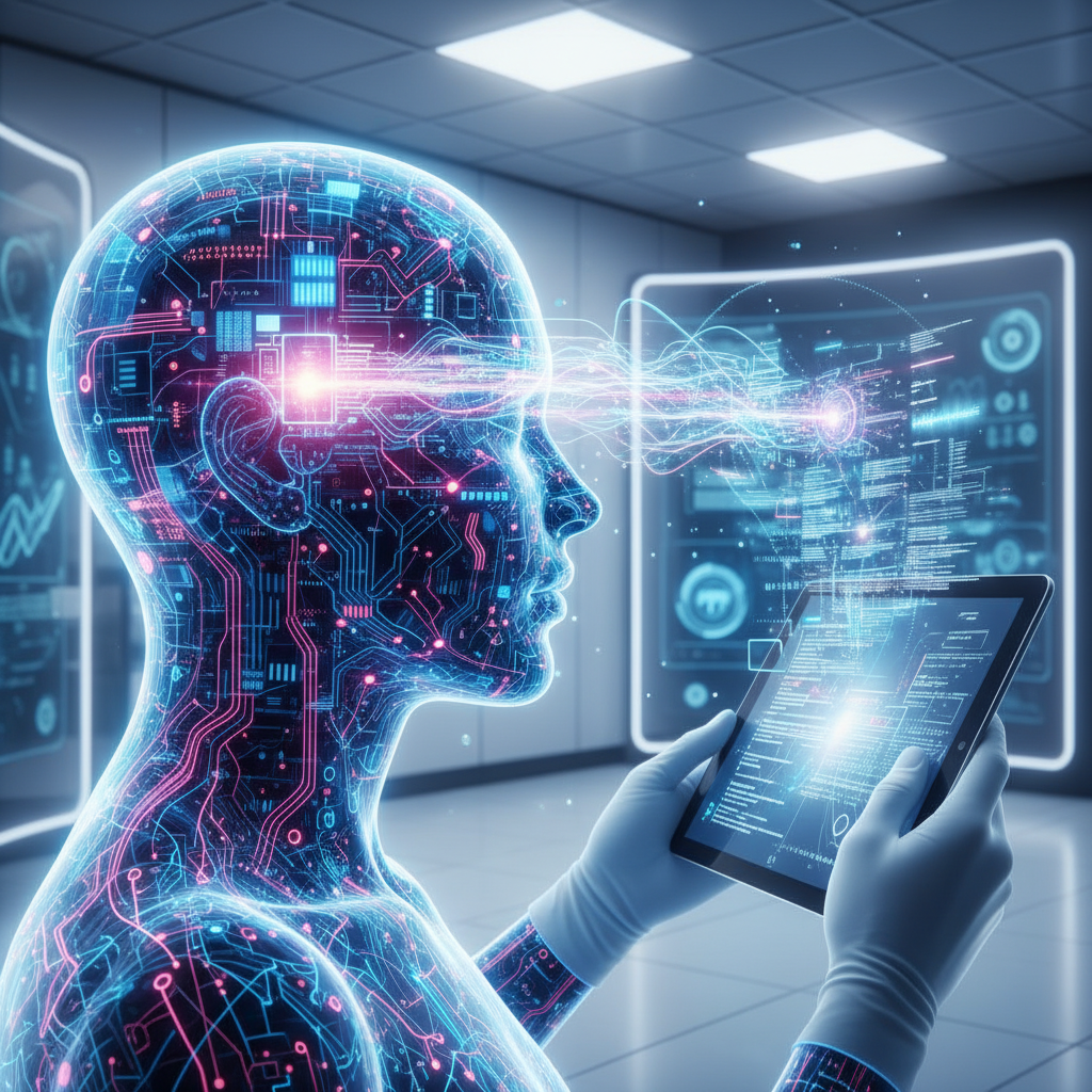 Una figura humana translúcida hecha de circuitos brillantes azules y rosas, con haces de luz y datos saliendo de sus ojos hacia una gran pantalla digital que muestra gráficos e información compleja. La figura sostiene una tablet con guantes blancos, mostrando más datos en un entorno de laboratorio futurista.