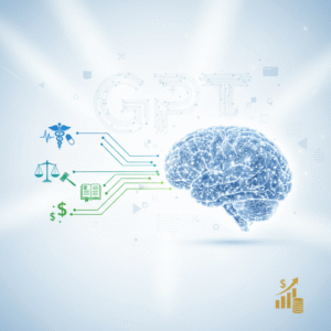 Cerebro digital luminoso azul con las letras GPT formadas por circuitos, conectado a iconos de medicina (caduceo, pastilla), justicia (balanza, mazo, libro) y finanzas (símbolo de dólar), sobre un fondo claro con un gráfico de crecimiento económico en la esquina inferior derecha.