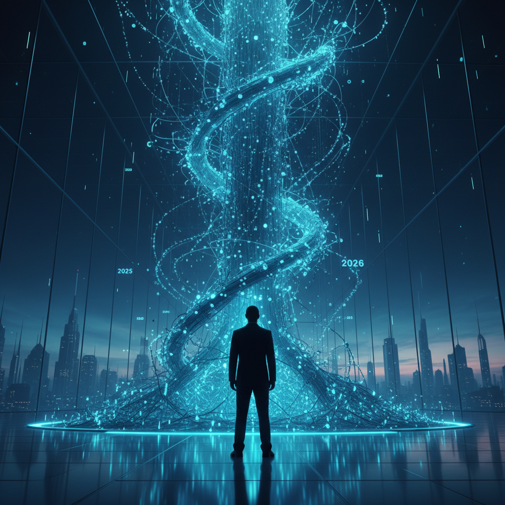 Vista aérea de un escritorio organizado con un portátil Apple MacBook gris, una tableta iPad, un iPhone, un café, un cuaderno y un bolígrafo sobre una superficie de madera clara.