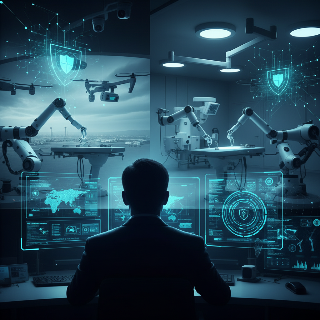 Una persona con bata blanca inspecciona una gran máquina tostadora de café industrial, con sacos de granos de café verde en el suelo.