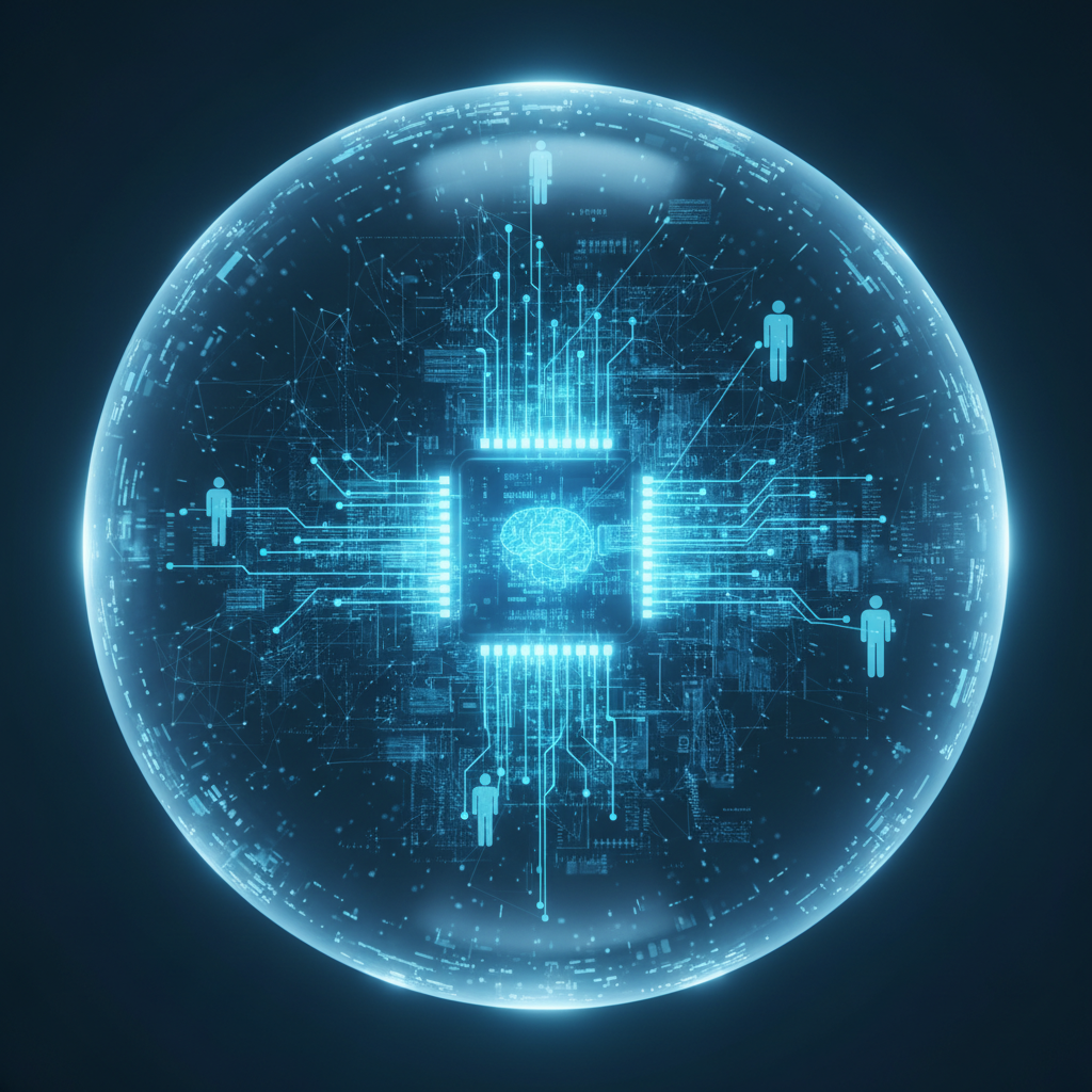 Brazo robótico blanco articulado sosteniendo un vaso de precipitados con líquido azul en un laboratorio.