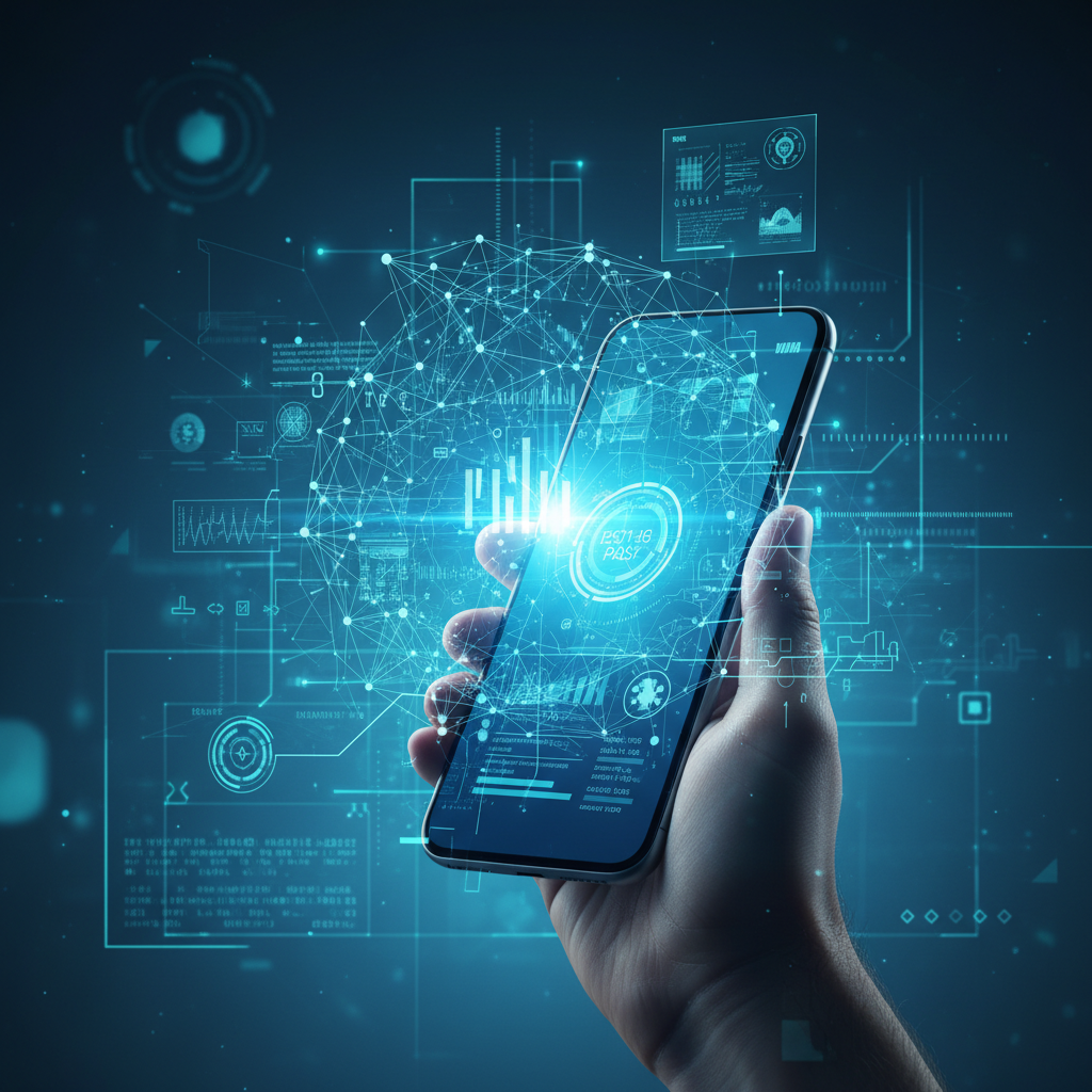 Persona mostrando una pantalla de computadora con gráficos de barras ascendentes y la palabra "BUSINESS" en grande.