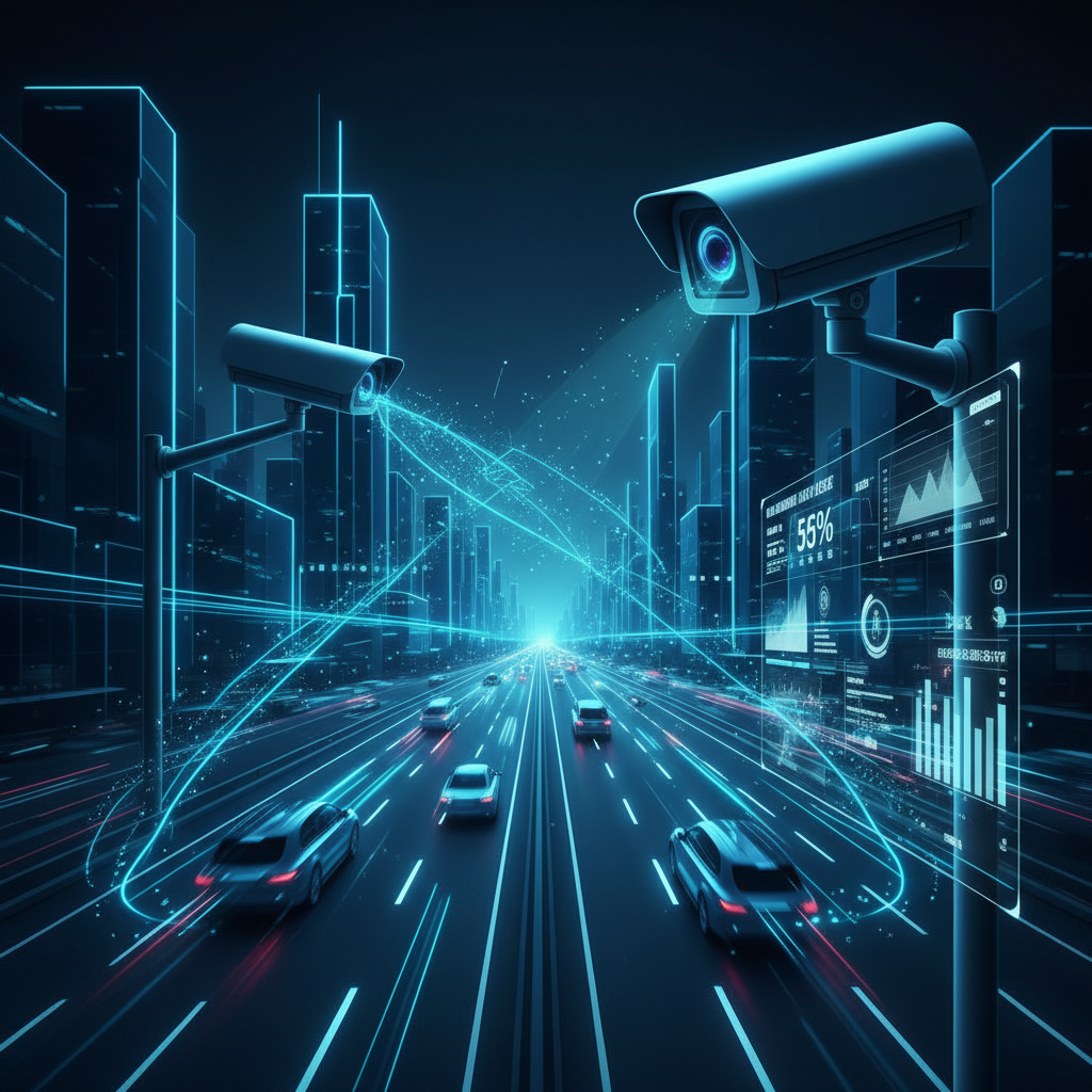 Vista aérea de un escritorio de oficina moderno y ordenado con un ordenador portátil abierto, un cuaderno, un bolígrafo, una taza de café, gafas, auriculares y una planta pequeña.