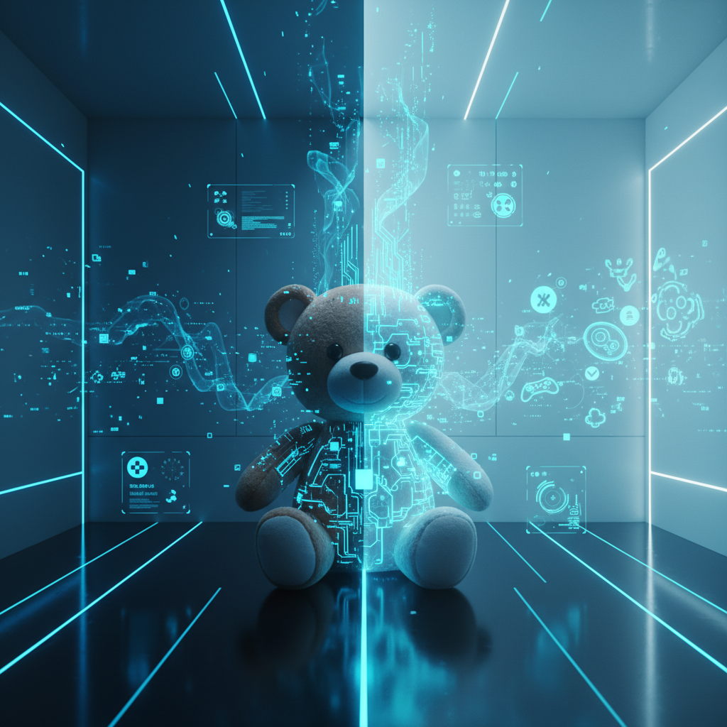 Un smartphone transparente mostrando una interfaz digital futurista con formas geométricas azules y moradas.