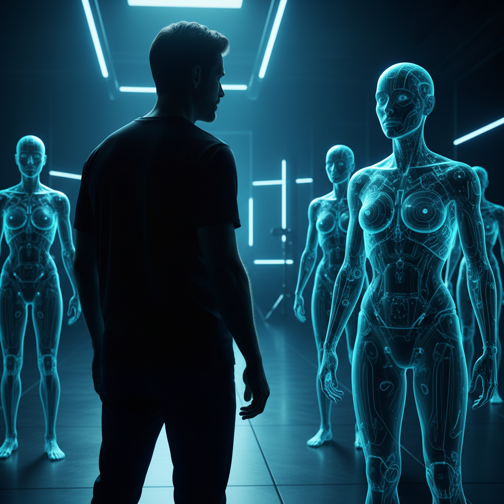 Mujer profesional sonriente vestida con un traje de negocios, de pie en un entorno de oficina moderno.} {