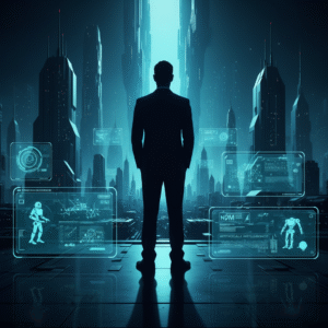 Robot aspirador blanco circular limpiando un suelo oscuro, con su cepillo giratorio visible.