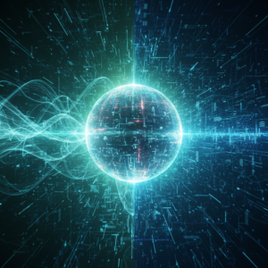 Cinco personas, tres hombres y dos mujeres, sentadas alrededor de una mesa redonda en una oficina, interactuando y mirando una tablet en el centro.