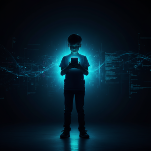 Una persona en un entorno de oficina sonríe mientras trabaja en un portátil, con un lápiz digital en la mano y una taza de café junto al ordenador.