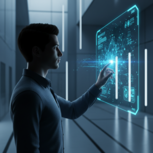 Un hombre con auriculares y un micrófono de estudio sentado frente a un teclado de ordenador, trabajando concentrado en una pantalla.