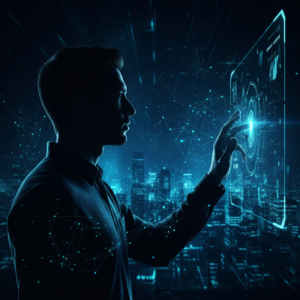 Una mujer joven sonriendo mientras trabaja en un portátil, sentada frente a una ventana luminosa en un ambiente moderno de oficina.