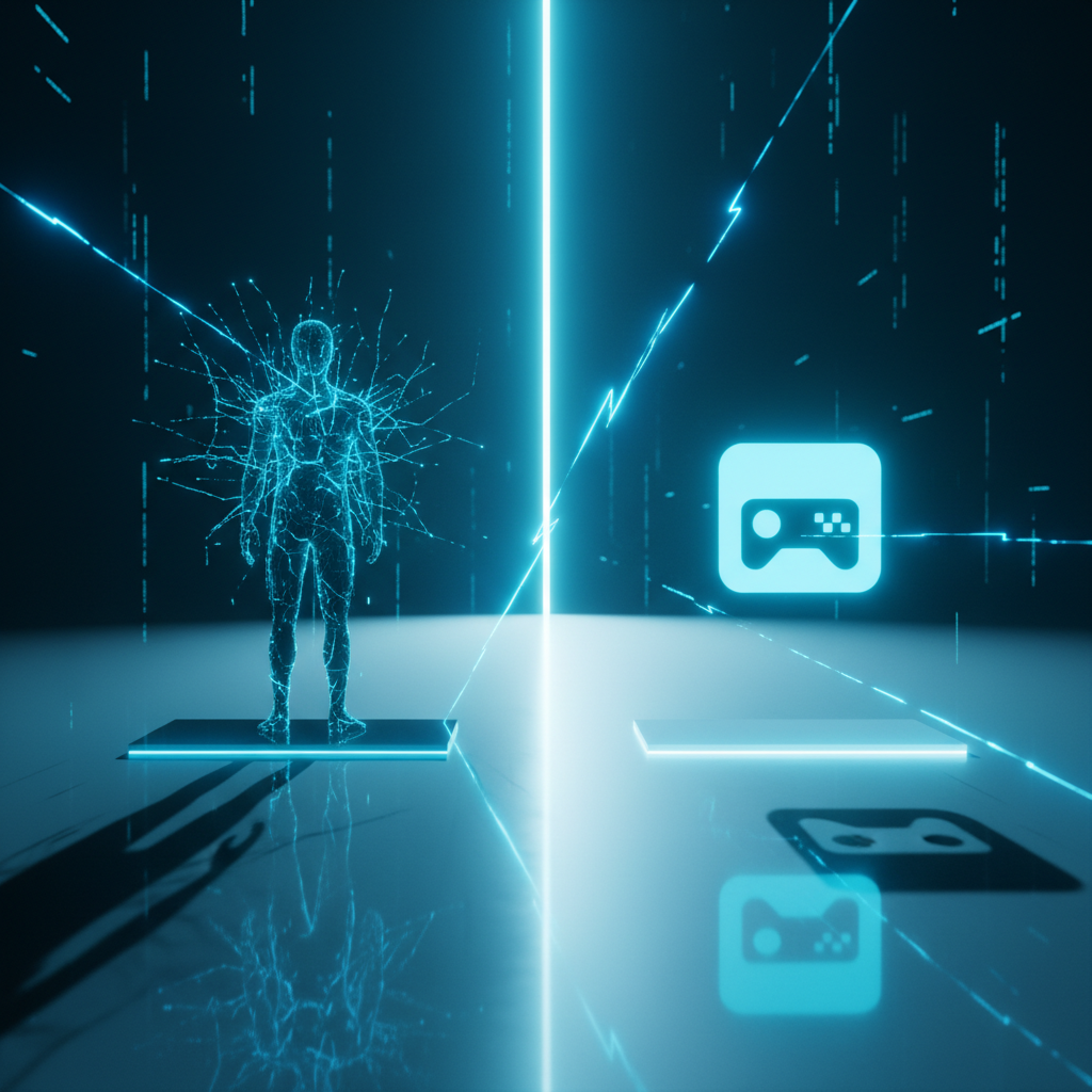 Mujer con bata de laboratorio blanca, sonriendo, presentando un pequeño frasco de vidrio transparente que contiene un líquido.