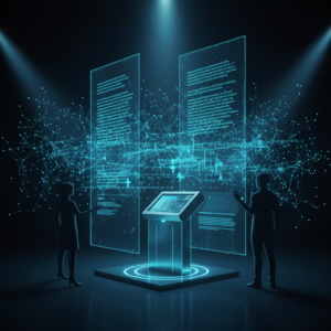 Hombre de negocios en traje señalando un gráfico de barras en una tablet, con una sonrisa, dentro de una oficina.