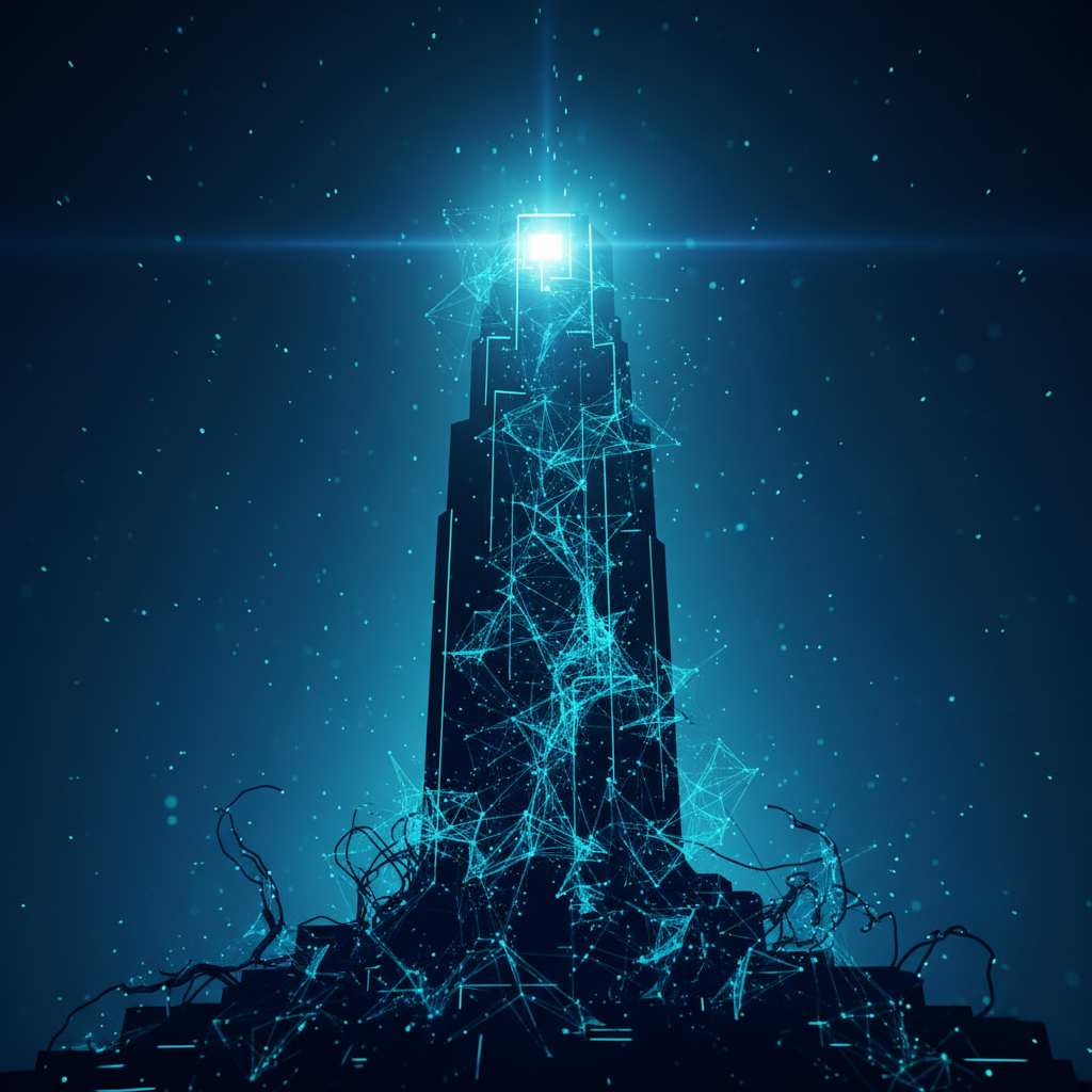 Mujer profesional con cabello castaño, blusa blanca y blazer negro, usando un micrófono de diadema y gesticulando durante una presentación frente a un fondo azul abstracto.