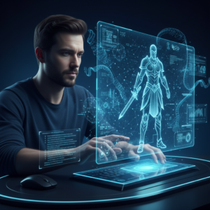 Oficina moderna y minimalista con escritorio de madera, silla ergonómica, monitor y planta, iluminada por luz natural.